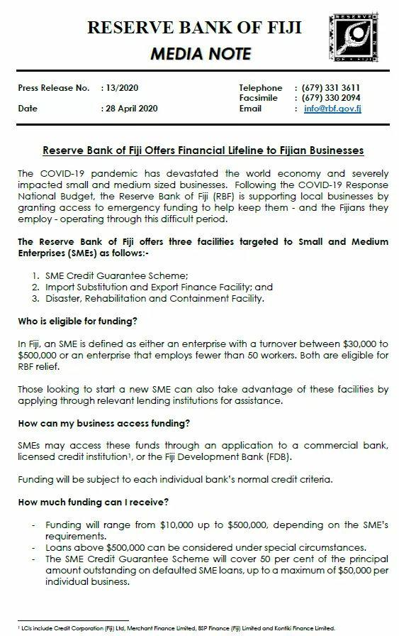 Reserve Bank of Fiji Offers Financial Lifeline to Fijian Businesses