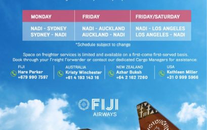 Fiji Airways has established a weekly freight service to/from Fiji.